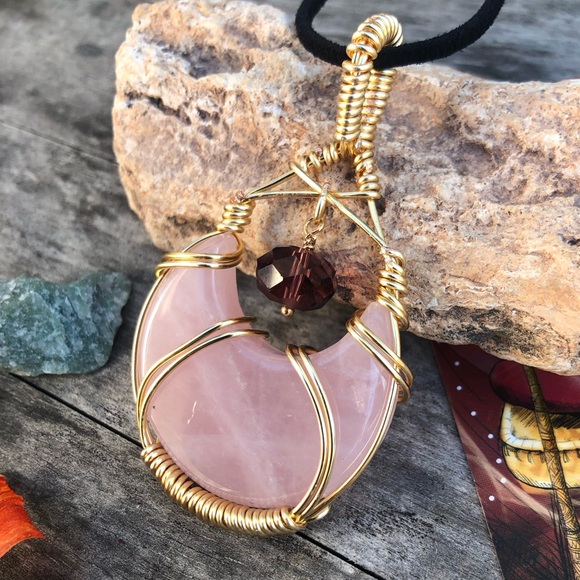 Wire Wrapped Rose Quartz Crescent Moon Crystal Necklace - Picture 7 of 11